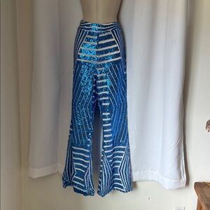 Blue and White Striped Sequin Flare Pants